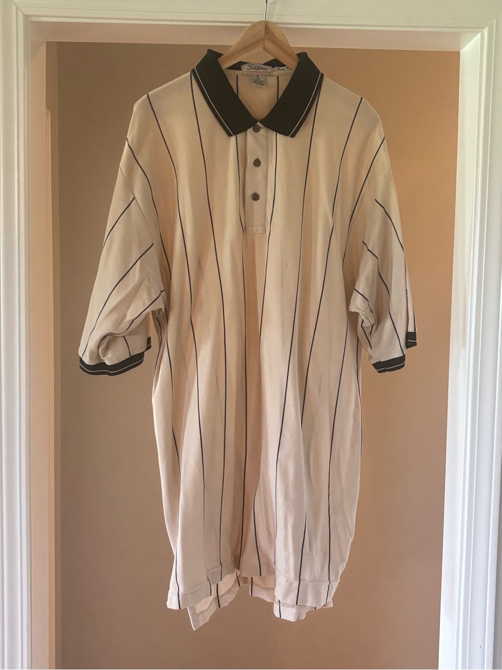 Titleist Corbin Cream Polo with Black Pinstripes and Black Trim
